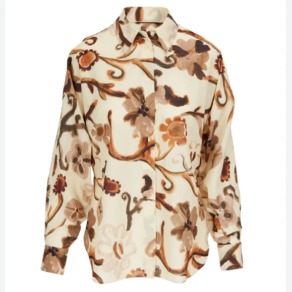 DOROTHEE SCHUMACHER ABSTRACT FLORAL NEUTRAL HIGH, LOW BLOUSE SIZE S/M - Picture 3 of 16